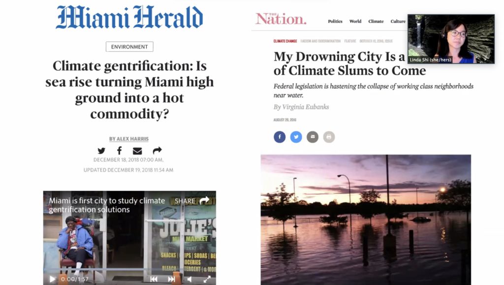 Screenshot of a window from a public event on Zoom. Linda Shi appears in a small rectangle on the top right, and the larger frame shows her slideshow. The slide shows headlines about climate gentrification.