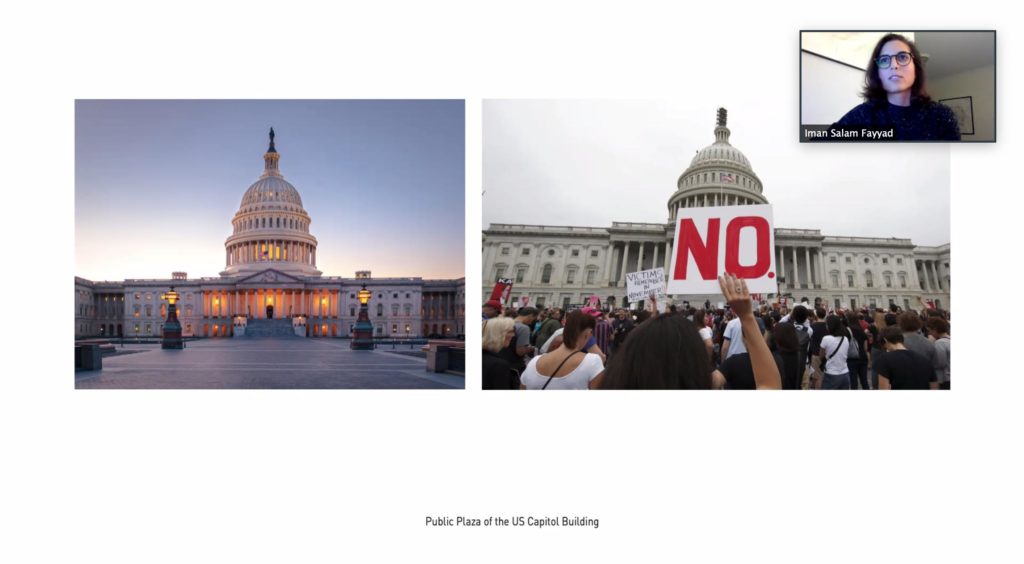 Screenshot of a Iman Fayyad presenting on Zoom. Fayyad is visible in the top right corner of the image. The presentation shows two images of the U.S. Capitol Building.