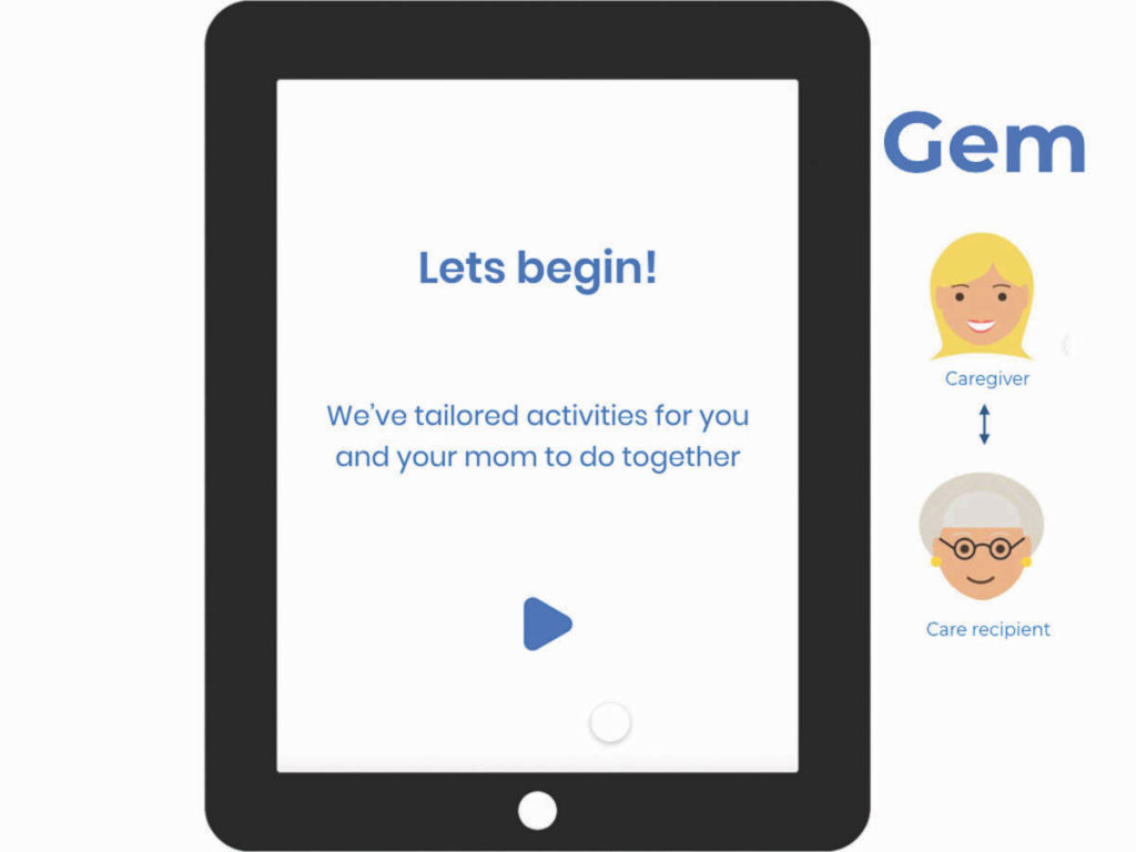drawing of ipad with text "Let's begin!" and image of caregiver and care recipient under the title "Gem"