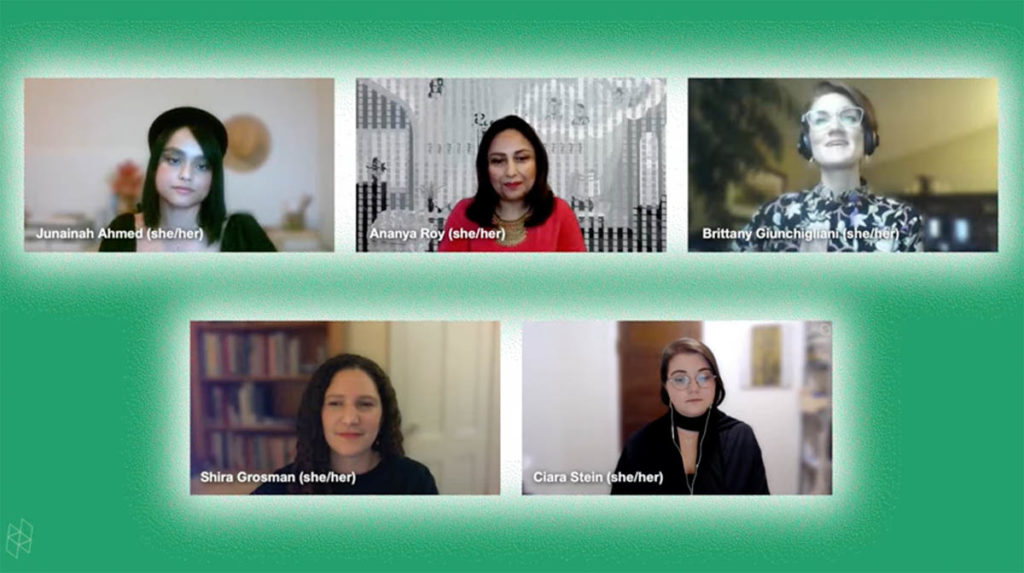 A screenshot from a virtual event. Five rectangles contain five different speakers, and they are all surrounded by a green background.