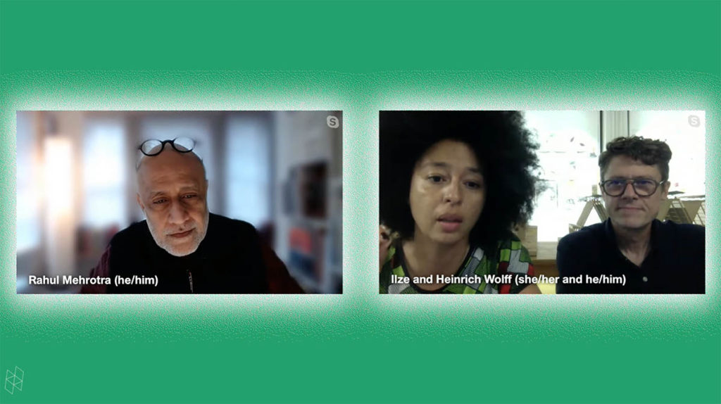 Screenshot from a virtual event. Rahul Mehrotra appears in a rectangle on the left, and Ilze and Heinrich Wolff appear together in a rectangle on the right. They are all surrounded by a green background.