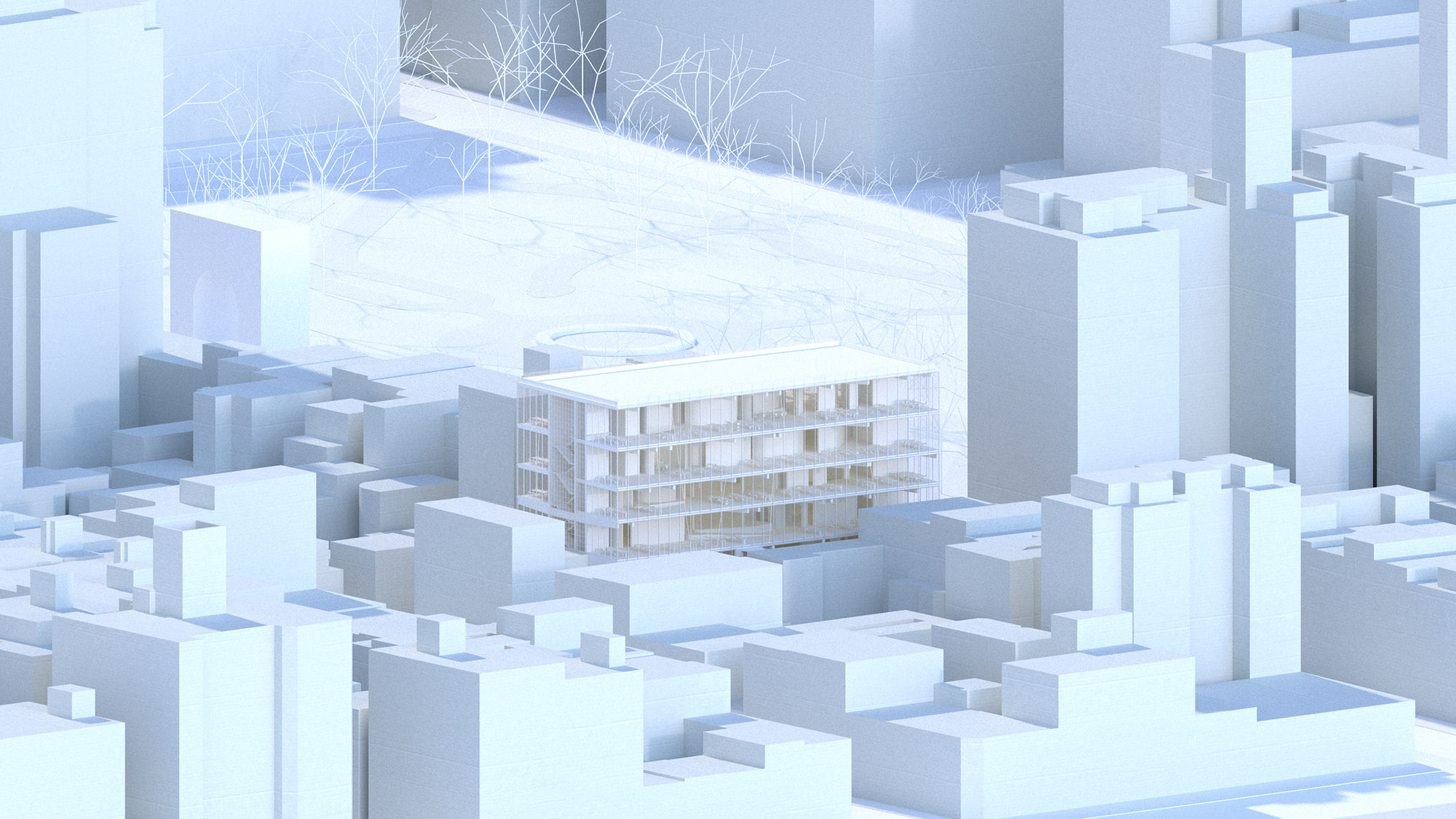 Overall building axonometric in context