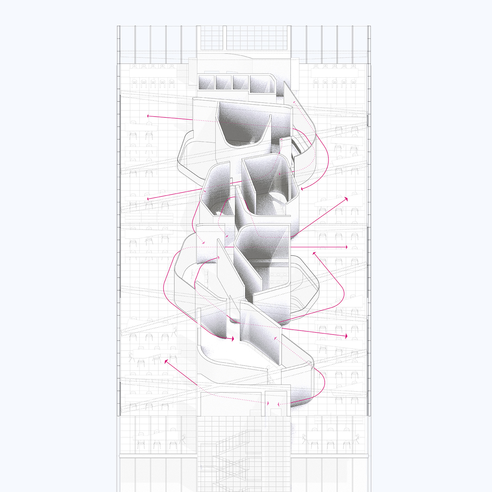 Oblique plan indicating circulation