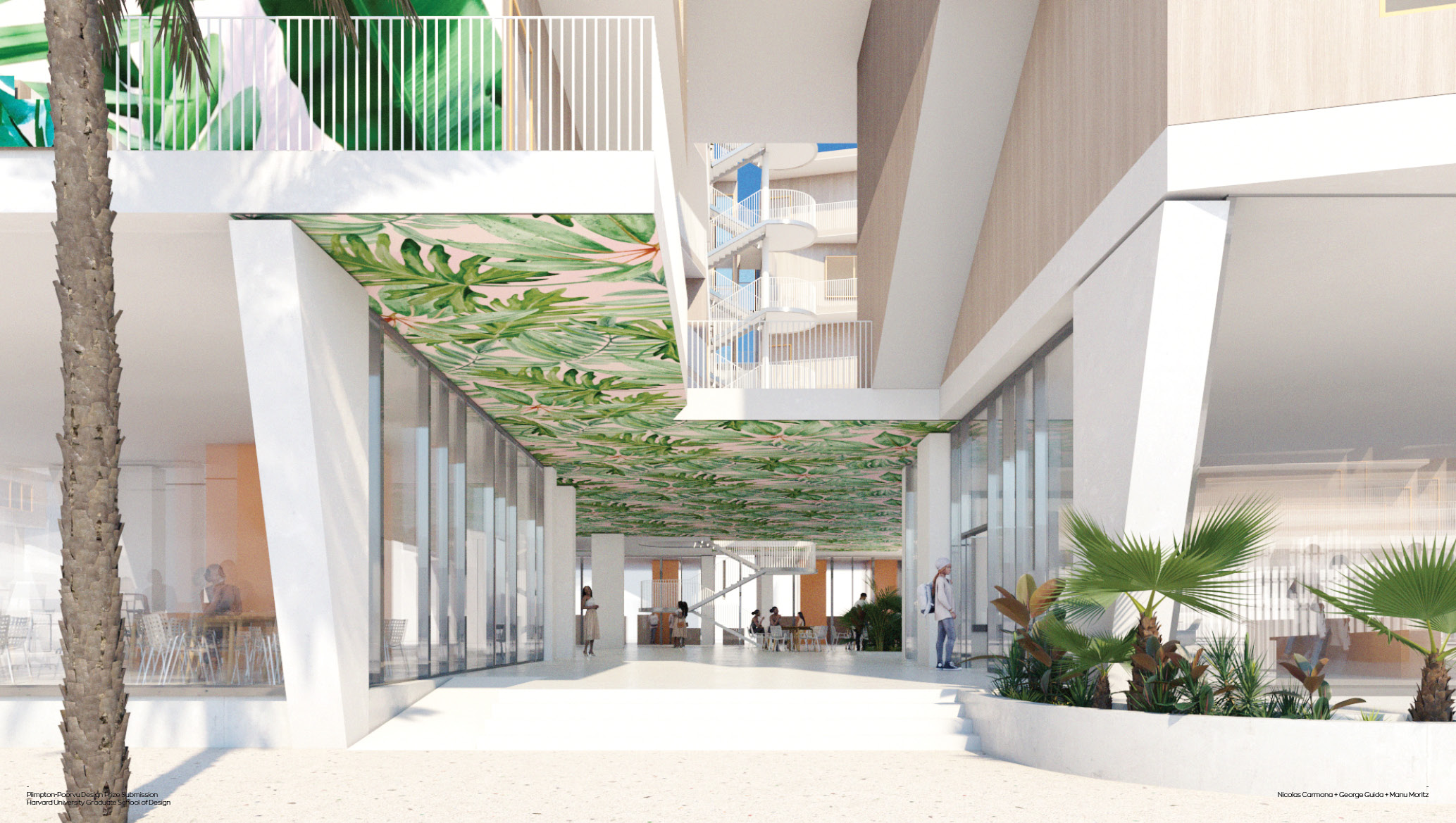 View of entryway defined by white stone stairs, columns and vibrant leaf pattern ceiling