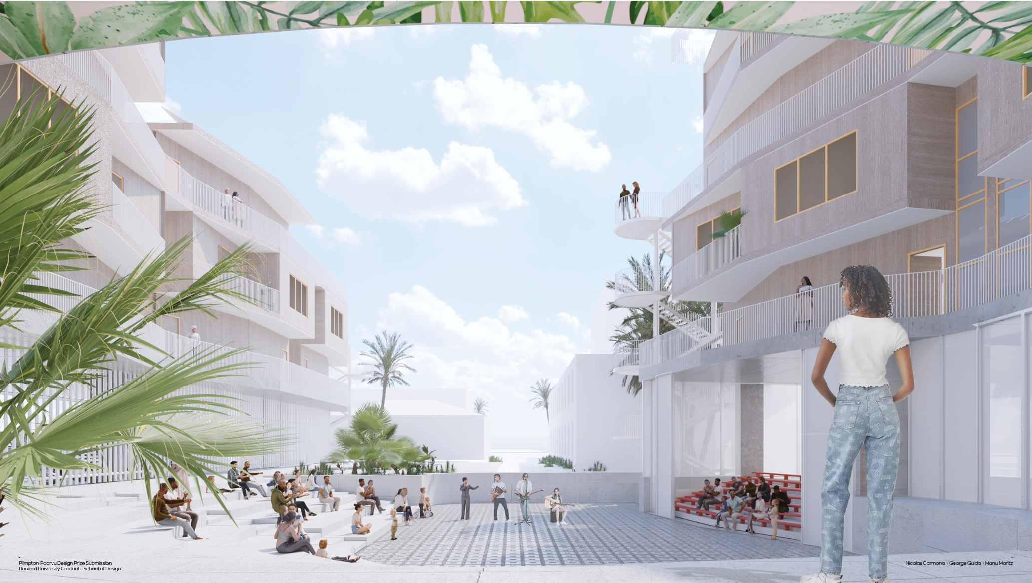 View of courtyard space; people sitting on low stairs framed by windowed building facade and tropical plants.
