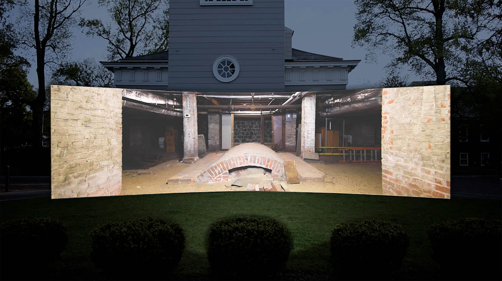 Visualization of curved screen showing interior of church