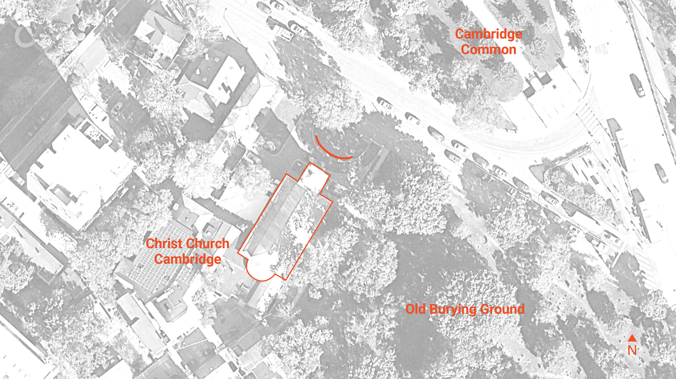 A black and white map of Cambridge, highlighting Christ Church Cambridge in red. The church is situated southeast of Cambridge common and east of the old burying ground.
