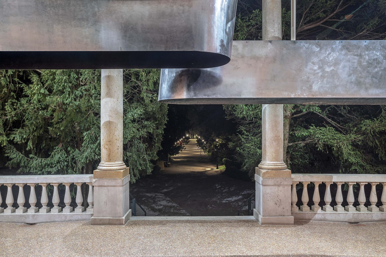 Image of Jayden Ali's work "Thunder and Simsek" at the entrance of the British Pavilion in the Giardini in Venice, Italy.