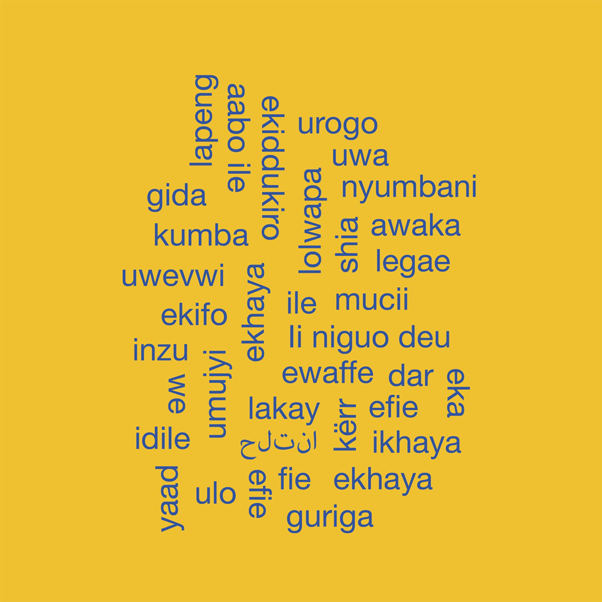 a word cloud made up of the word for "home" in different African languages