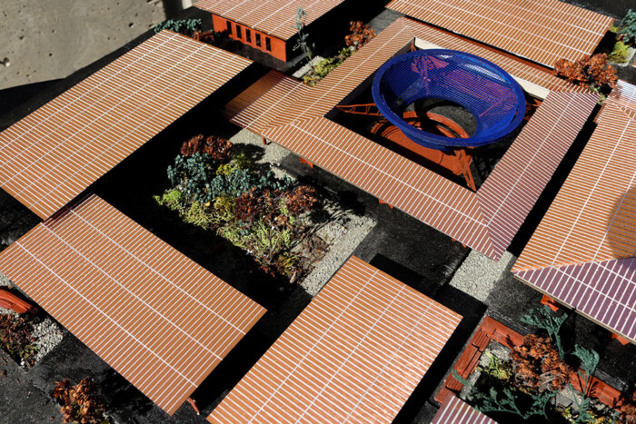 A model of a large library and cultural center with different buildings arranged around open walkways and courtyards.