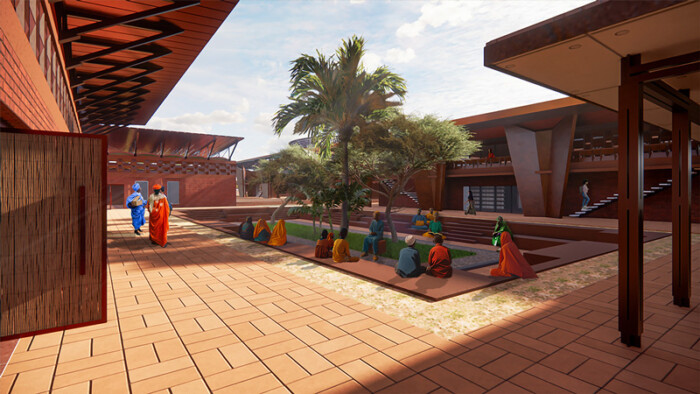 A digital rendering of a courtyard area surrounded by two-storey structures. A sunken garden in the center of the courtyard has grass and trees. People in traditional African dress wall through the space or sit in the courtyard.