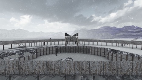 A digital rendering showing a pipeline structure on an arctic landscape with mountains in the distance.
