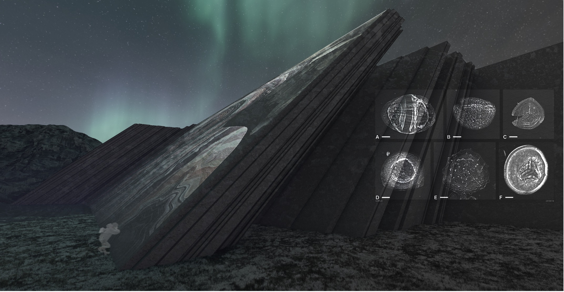 A digital rendering showing an arctic landscape with large, angular rocks protruding from the ground. A grid of digital images depicting organic forms hovers over the landscape.