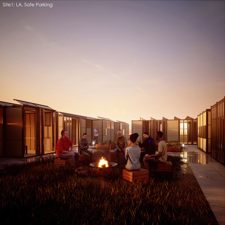 A digital rendering of a group of six people sitting around a fire in open air at dusk. Modular buildings, some illuminated from within, surround them.