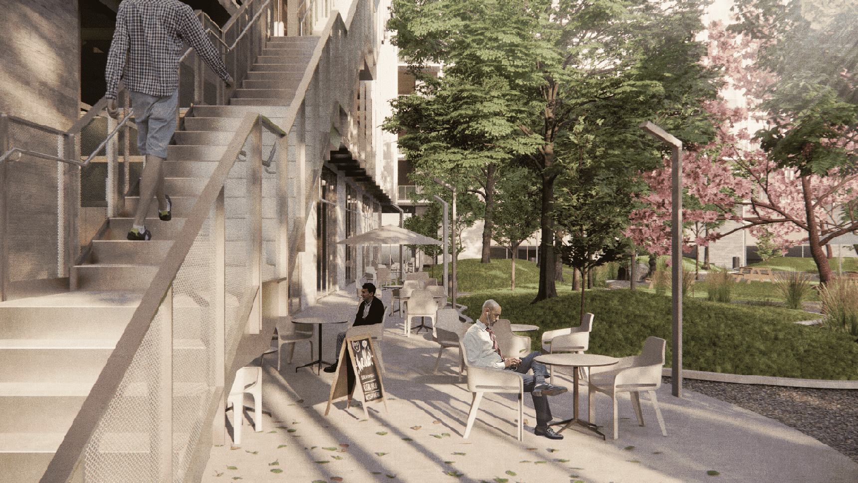 An architectural rendering of a vibrant outdoor community area with multiple people engaging in various activities. Features include staircases, seating areas, and blossoming trees, providing a serene, urban retreat atmosphere.