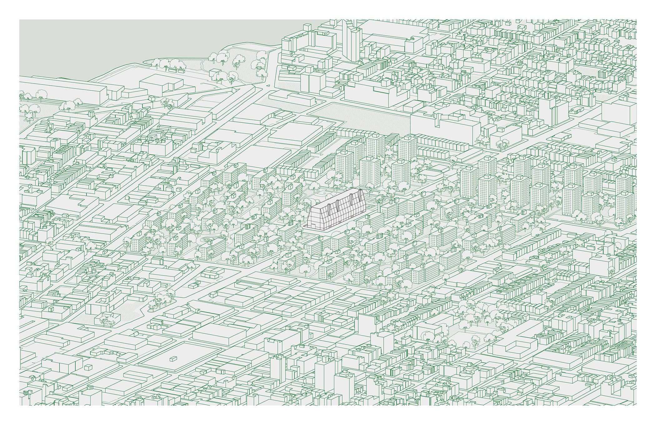A map of a city in green