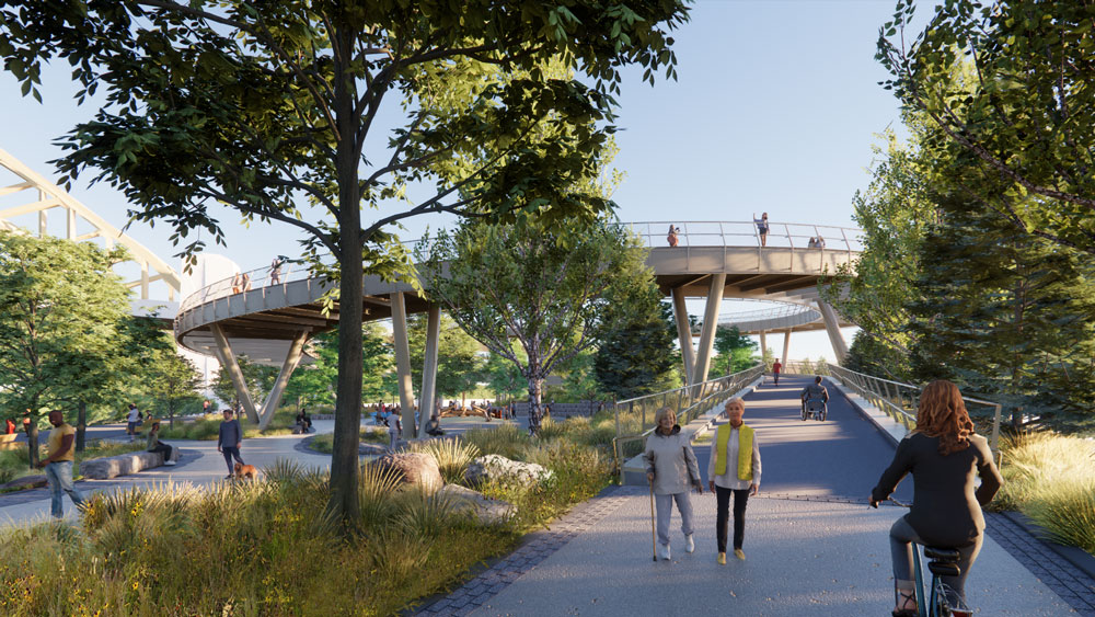 bike and pedestrian paths with landscaping and ramps