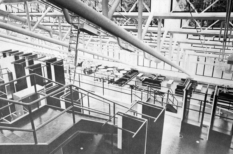 Interior black and white view of Gund Hall.