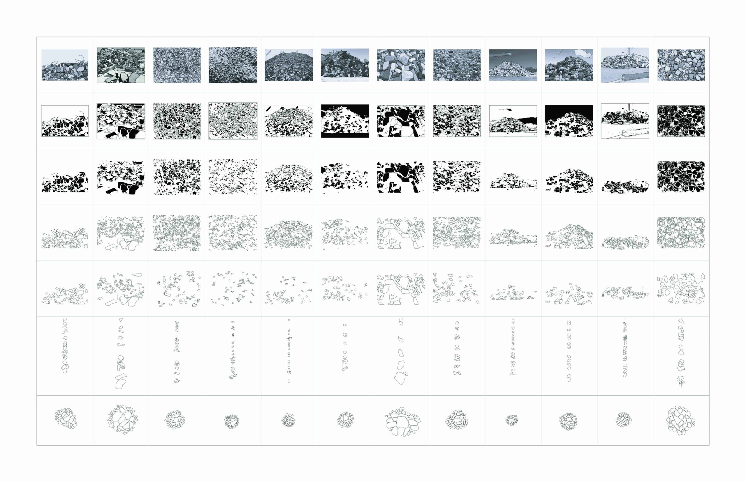 Analytical matrix of twelve rock samples showing photos, contour lines, sections, dimensions, and material breakdown.