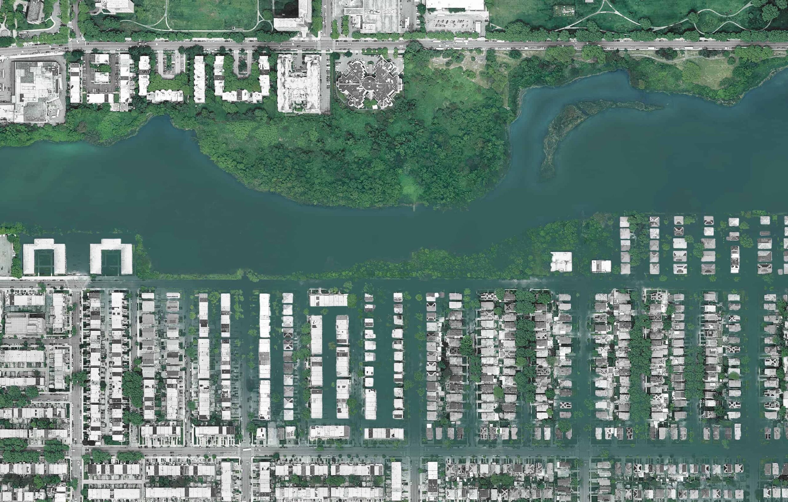 Overhead view of a flooded neighborhood