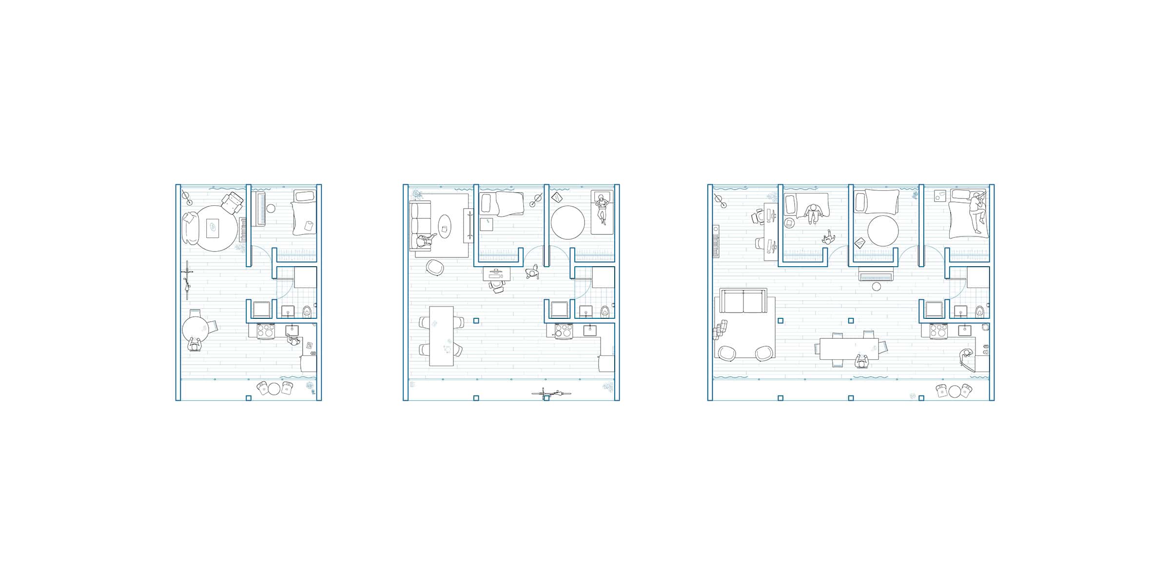 Architectural diagram of a building in three parts